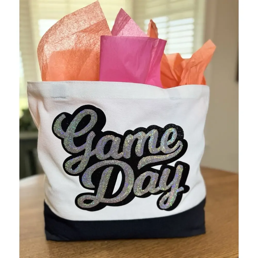 Game Day Tote Bag Sequin Script Canvas Bag Football Baseball Sports Mom Gift - Picture 2 of 6